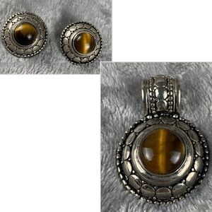 Vintage Tiger’s Eye Pendant & Earrings Set For Pierced Ears Antiqued Silver Tone